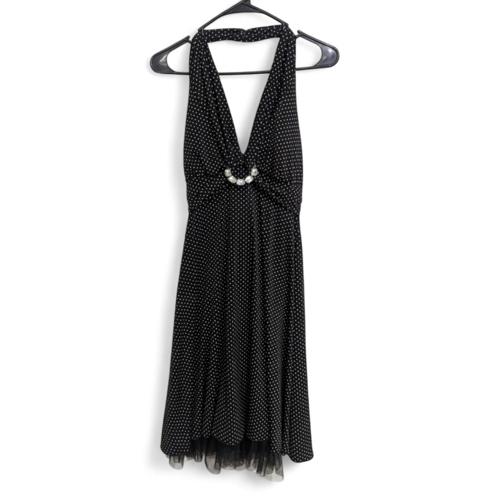 Sequin Hearts Women's M 8/10 Polka Dot Black White Halter Stretch Mini Dress